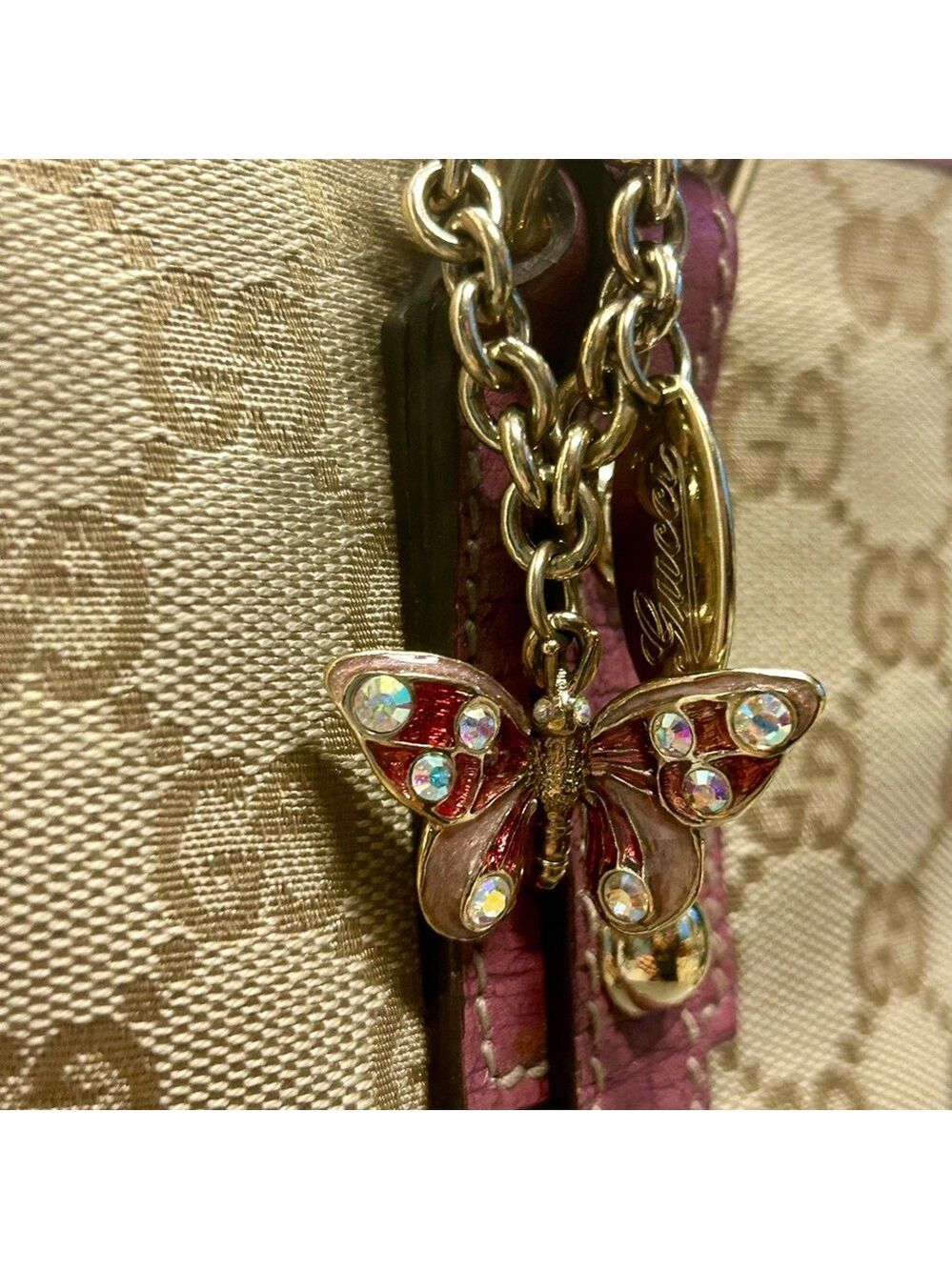 Gucci Authentic Pink Tan brown monogram GG Canvas Jolicoeur tote bag purse - Picture 6 of 17